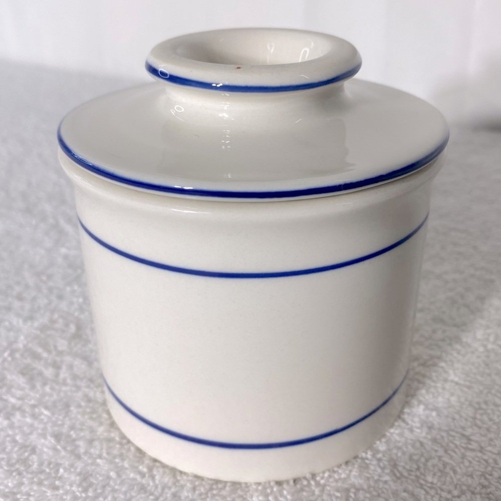 White Ceramic Butter Bell W Blue Line Accent - Picture 13 of 13